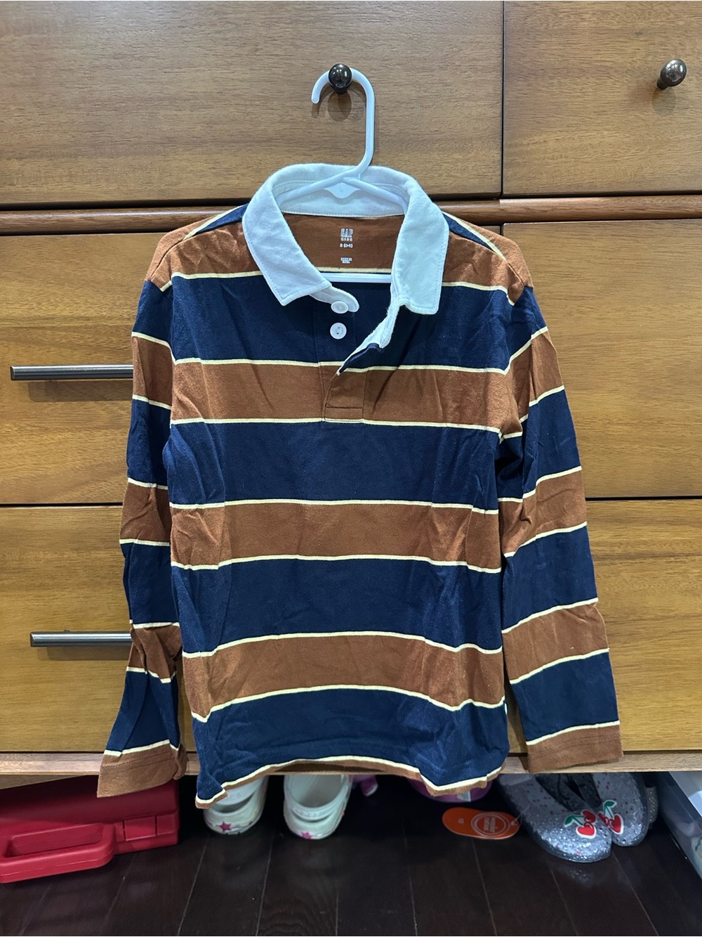 GAP Striped Long-Sleeve Polo - Navy, Brown & White